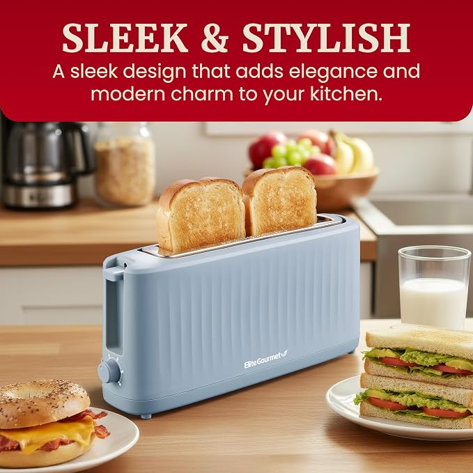 Elite Gourmet ECT2517OX SLIMTOAST 2-Slice Long Slot Toaster, Ocean Blue | Cool-Touch Body, 6 Browning Shades, Extra-Wide 1.5" Slot Fits Artisan Bread, Bagels, Waffles & English Muffins