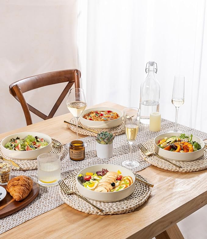 7.5" Ceramic Pasta Bowls Set of 4, Salad Bowls | Versatile Serving Bowls for Pasta, Salad, Fruit & Noodles, Housewarming & Wedding Gift, Beige
