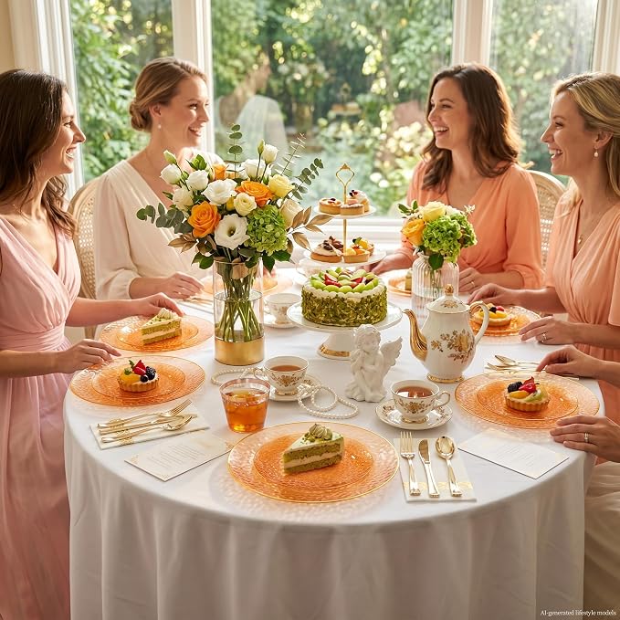 DaYammi 350PCS Clear Orange Plastic Dinnerware Set, Plastic Plates Disposable Hammered Disposable Plates for Party, Include: 50 Dinner Plates 50 Dessert Plates 150 Gold Silverware 50 Napkins 50 Cups