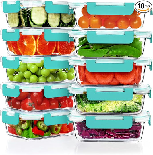 VERONES 10 PACK 22 OZ Glass Meal Prep Containers Set with Lids, Green | Airtight Glass Lunch Containers Set, Glass Food Storage Containers, for Microwave, Oven, Freezer & Dishwasher Friendly