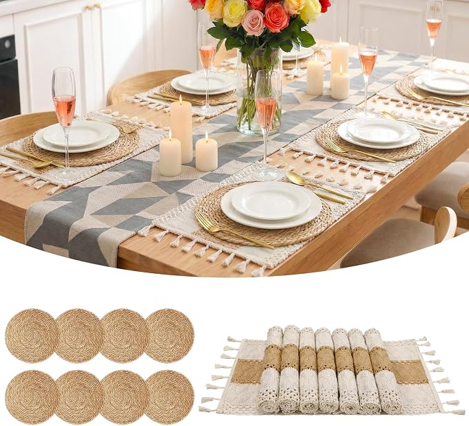 Placemats Set of 8 - Rattan Round Place Mats & 11.8” x 17” Cotton Braided Placemat for Dining Table Setting, Rustic Farmhouse Boho Wedding Decor, Wicker Woven Charger Dinner Plates, 16Pcs