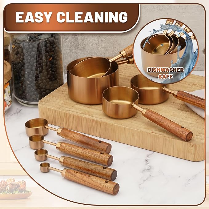 Premium Measuring Cups and Spoons Set with Wood Handle 8PCS | Stainless Steel Liquid and Dry Measuring Cup Set for Baking, Cooking, Coffee with Ergonomic Grip & Engraved Markings (Bronze)