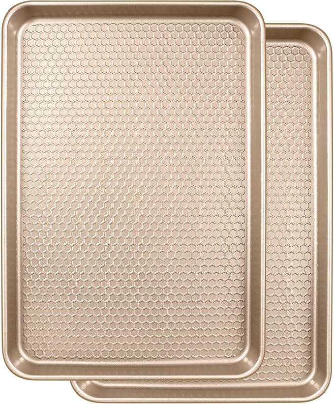 Wildone Baking Sheet Pan Set of 2, Honeycomb Embossed Nonstick Cookie Sheet | Thicker Carbon Steel Half Sheet Pan Oven Tray 17.5x12 Inch, Heavy Duty & Easy Clean, Champagne Gold