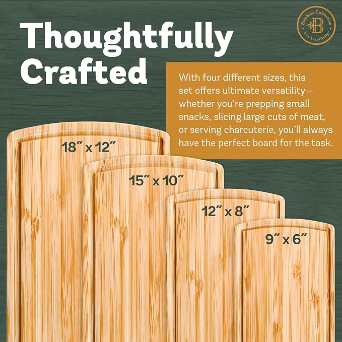 Bamboo Cutting Boards for Kitchen, Extra Large Wooden Chopping Board Set | Deep Juice Groove, Knife-Friendly, Side Handles, Reversible Butcher Block, for Serving, Meat, Veggies, Cheese, 4 Sizes