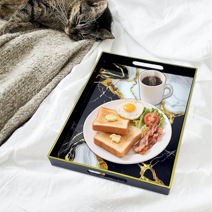 Serving Tray with Handles, 15.7 * 11.8 inches, Plastic Ottoman Tray with Exquisite Paintings, Trays for Coffee Table
