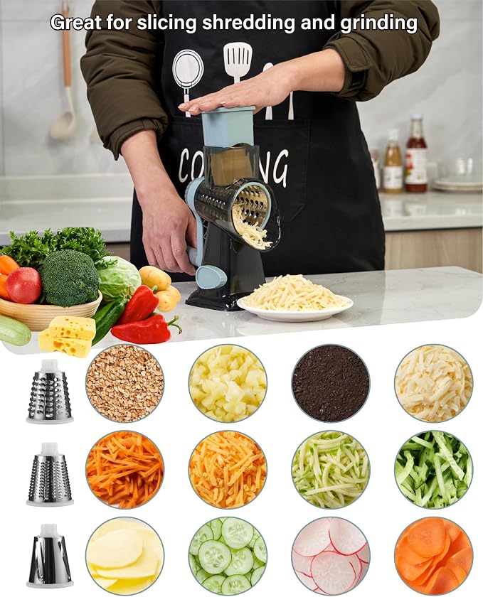 Rotary Cheese Grater hand crank 3 blades with Stronger Suction Base | Stainless Steel Blades for Fruits, Vegetables, Nuts. Dishwasher Safe & Easy to Clean, Transparent Black & Blue