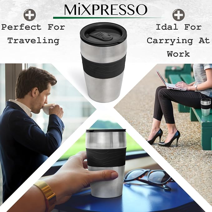 Mixpresso Single Serve & Single Cup Coffee Maker with 14oz Travel Mug Black | For ground coffee only, reusable filter, auto shut off. Compact personal drip coffee maker, not compatible with K-Cup pods.