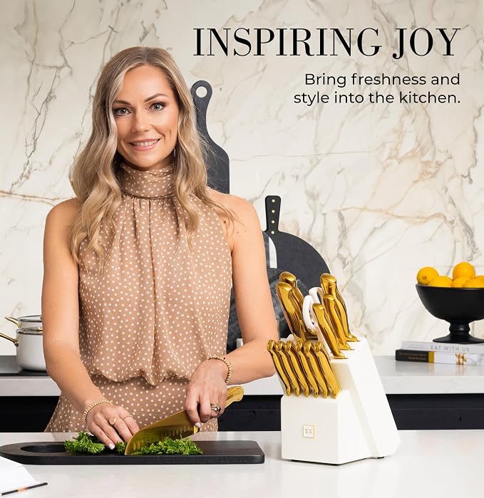 Styled Settings Gold Knife Set with Block and Sharpener, 14-Piece | Full Tang Titanium-Coated Stainless Steel Gold Knives and White Knife Block with Built-In Sharpener, Gold Kitchen Accessories