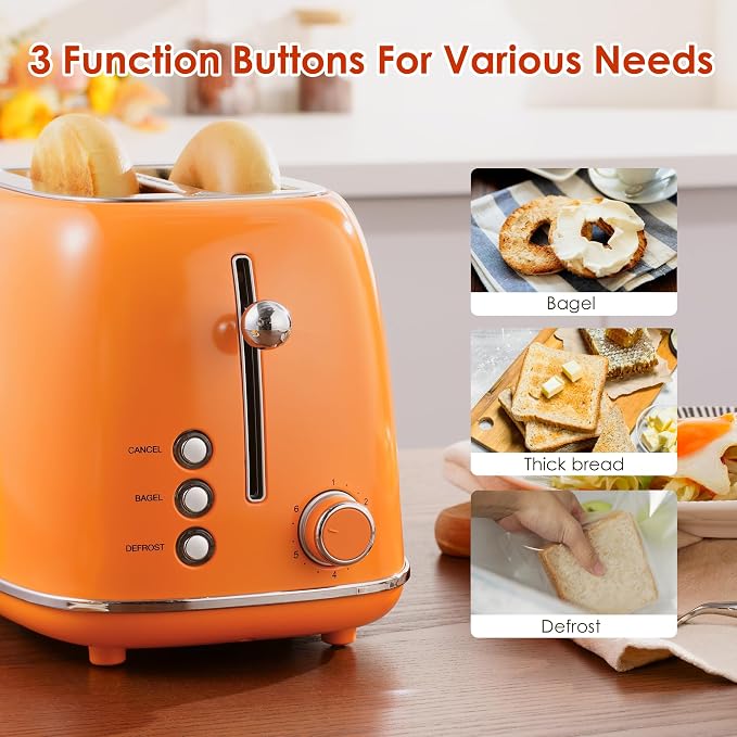 Roter Mond 2 Slice Toaster Retro Stainless Steel with Bagel, Cancel, and Defrost Functions, 6 Bread Shade Settings, Extra Wide Slots and Removable Crumb Tray, Orange
