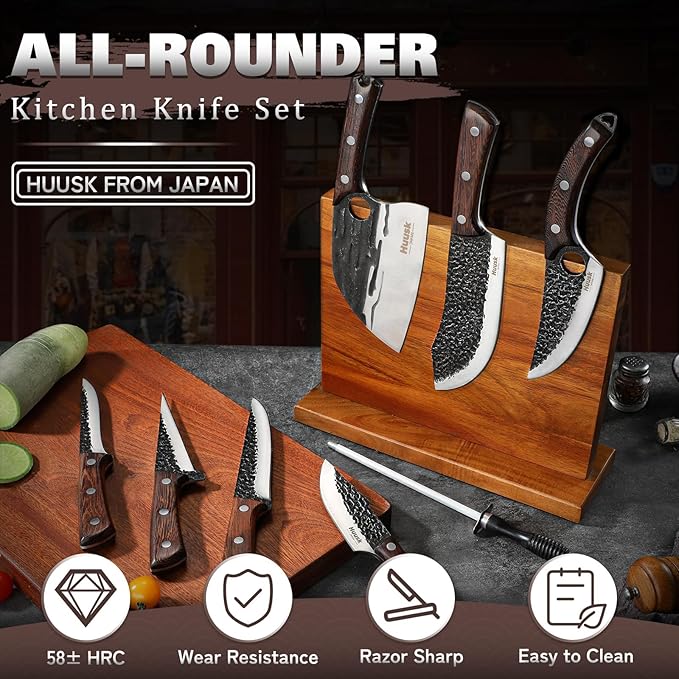 Huusk Butcher Knife Set with Roll Bag - 10PCS for Meat Processing Men Gift | High Carbon Steel, Ergonomic Ebony Grip, Viking Serbian Chef Meat Cleaver for BBQ Kitchen Outdoor Camping, Men Birthday Gift