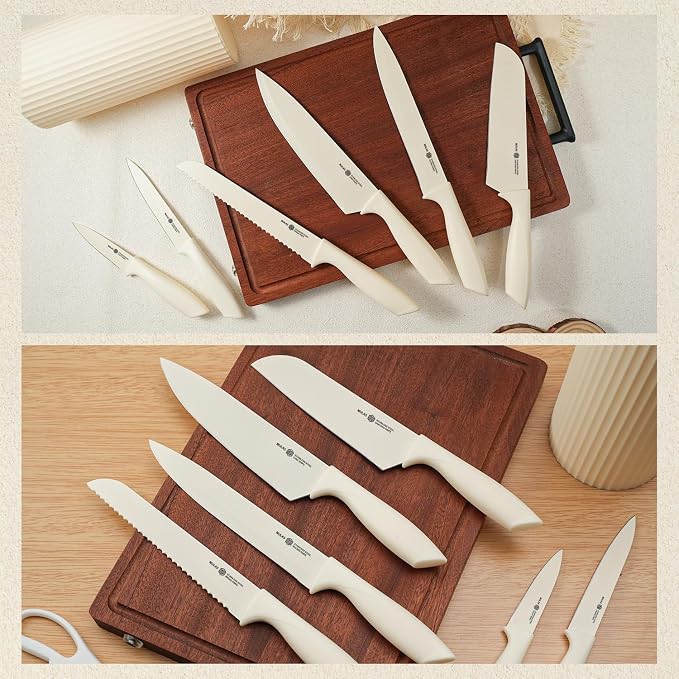 Knife Set, 8-Piece Kitchen Knife Set with Universal Block - Anti-Rust Chef Knives, Ergonomic Design, Dishwasher Safe (Cream)