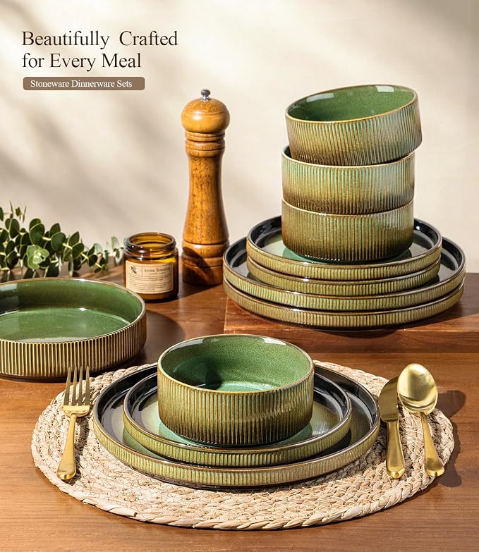 GBHOME Stoneware Dinnerware Sets for 4, 12-Piece Plates and Bowls Set | Handmade Reactive Glaze Ceramic Dish Set, Scratch Resistant, Dishwasher&Microwave Safe,Mocha & Green