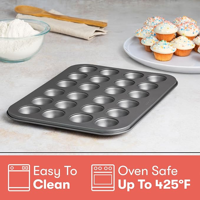 Mini Muffin Pan Carbon Steel Quick Release Coating, Non-Stick Bakeware, Heavy Duty Performance, 24-Cup, Gray