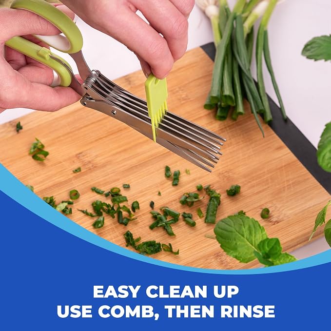 5-Blade Herb Scissors, Stainless Steel Kitchen Shears, Black | Cut & chop fresh herbs & leafy greens efficiently. Perfect salad scissors. Includes cleaning comb & safety cover.