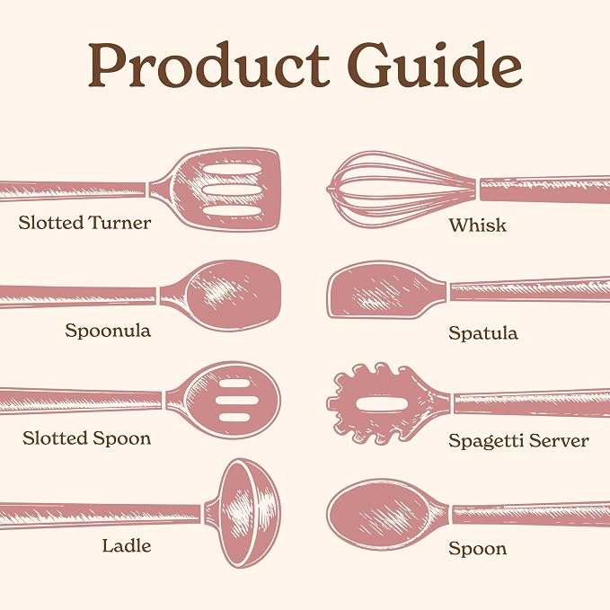 Country Kitchen Non Stick Silicone Utensil Set with Rounded Wood Handles for Cooking and Baking, 8 Piece Set, Pink
