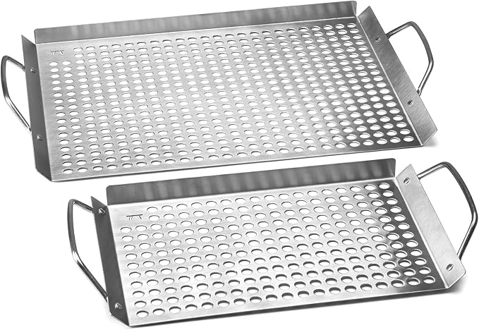 Outset Stainless Steel Grill Topper Grid, Set of 2, 11"x7" & 11"x17" Trays | Stainless Steel Grill Toppers | BBQ Veggie Grill Trays | Easy to Carry | Seafood Grill Tray With Holes | Infuses Flavor