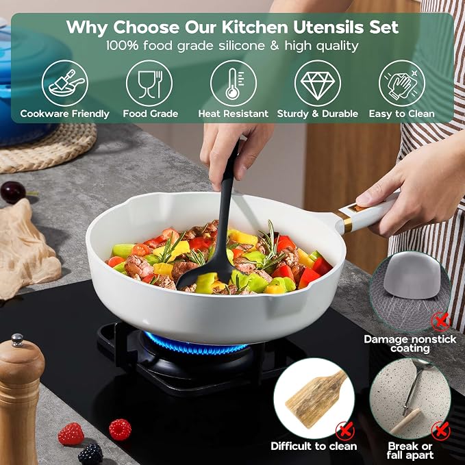 Onader Kitchen Utensils Set, 10 Pieces Black Silicone Cooking Utensils Set | Nonstick Cookware Friendly, Non Toxic & Dishwasher Safe