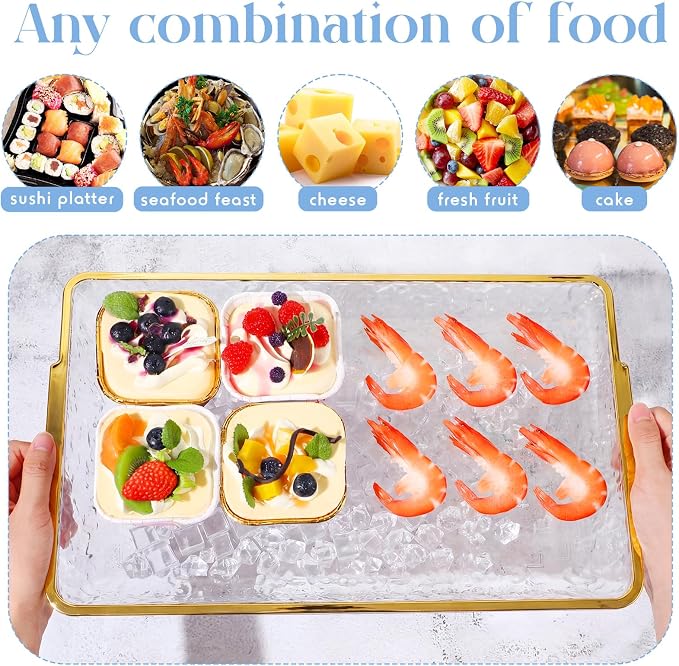 2 Set 16" x 9" Chilled Serving Tray with Compartments,Gold Rim | Ice Chilled Party Platter, Charcuterie Serving Board, Cold Dish Dip Tray for Fruit, Seafood, Vegetable, Appetizer