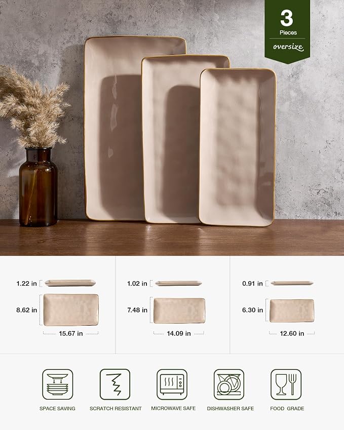 Famiware Serving Platters Set of 3 Sizes - Rectangular, Cinnamon Brown | 15.67"/14.1"/12.6" Fine Stoneware Serving Trays for Party, Entertaining for Food, Turkey, Cheese, Microwave Dishwasher Safe