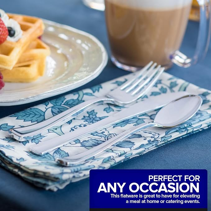 75 Pieces Heavy Duty (Silver) Plastic Silverware Set, Disposable Cutlery Set, Great for Parties, Weddings, and Catering, Flatware Utensils Included: 25 Forks, 25 Spoons, 25 Knives, Stock Your Home
