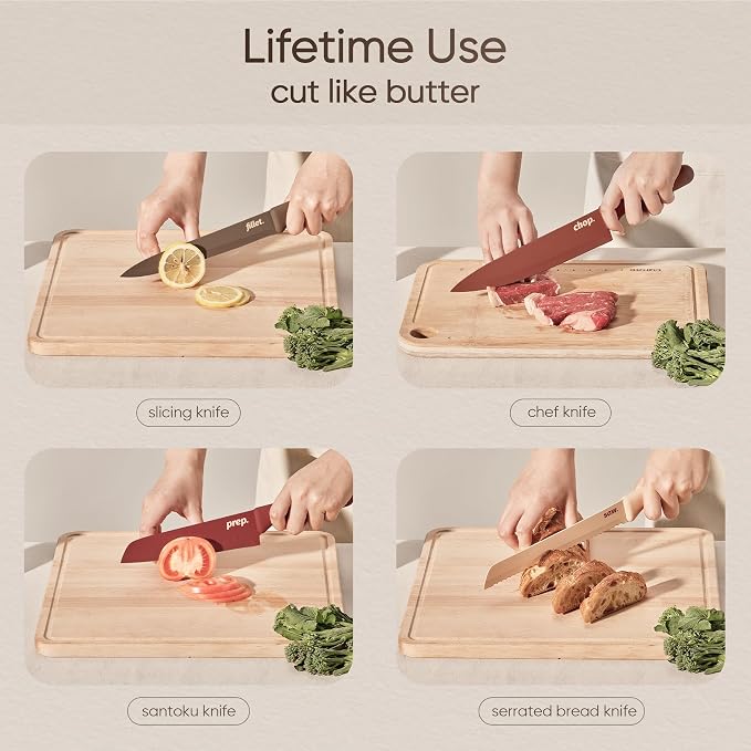 CAROTE Kitchen Knife Set, 6 Floral Knives with 6 Blade Guards, 12-Piece | Stainless Steel Blades, Ceramic Nonstick Coating, Long-Lasting Sharpness, Rust-Resistant, Non-Slip, Dishwasher Safe