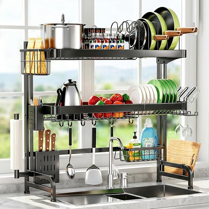 Over The Sink Dish Drying Rack, Adjustable 3 Tier Large Capacity Stainless Steel Drainer with Cutlery/Utensil/Cup Holder Hooks, Kitchen Storage & Organization, 25"-38" L x 11" W x 37.5" H, Black