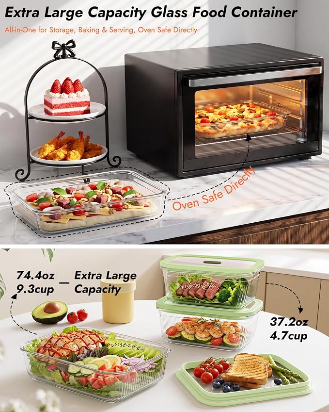 4-Pack Glass Container Set (2x 4.7 Cup & 2x 9.3 Cup), Ultimate Food Storage & Meal Prep with Easy-Open Valve, Tempered Glass Lids, Leakproof, Freezer to Oven Safe