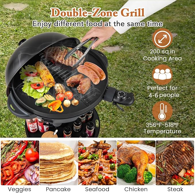 Giantex Electric Grill Outdoor Indoor, Portable BBQ Grill | Thermometer, Nonstick Griddle, Drip Tray, Condiment Tray, Freestanding & Tabletop, for Patio Apartments Backyard Party