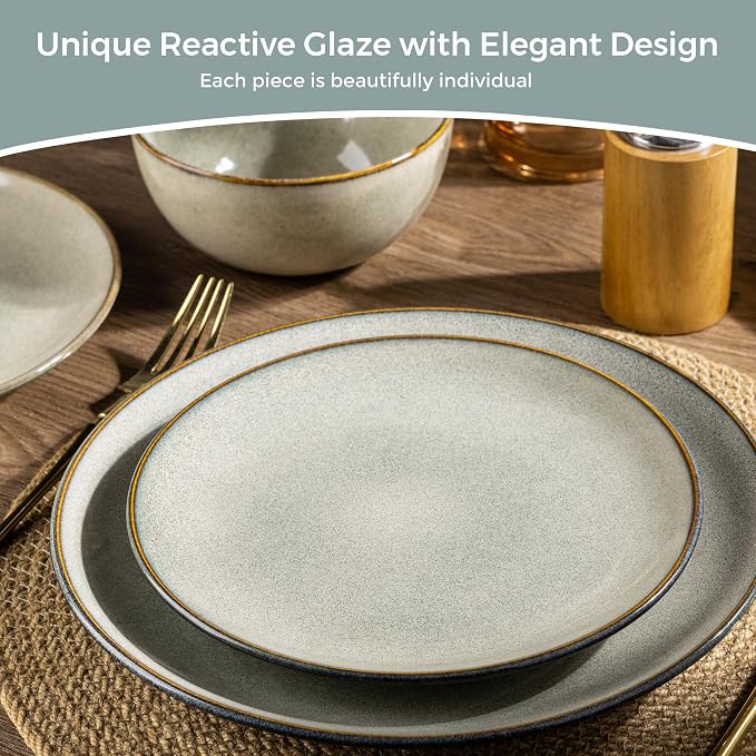 GBHOME Dinnerware Sets for 6, 24 Pieces Ceramic Plates and Bowls Set | Scratch Resistant Stoneware Dishes Set, Dishwasher & Microwave Safe, Reactive Glaze-Green Wheat