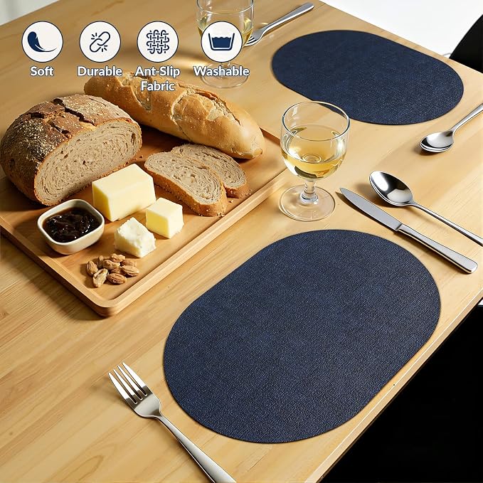 Placemats Set of 4, 11.8 x 17 Inch, Navy | Heat Resistant Oval Faux Leather Place Mats, Waterproof Wipeable Reversible PU Placemat, Indoor & Outdoor