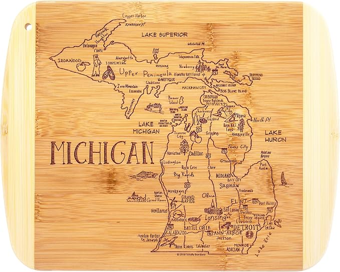 Totally Bamboo A Slice of Life Michigan Engraved Map Cutting Board | 11” x 8.75” charcuterie board with engraved state map artwork. Smooth reverse side for food prep. Hang tie for wall display.
