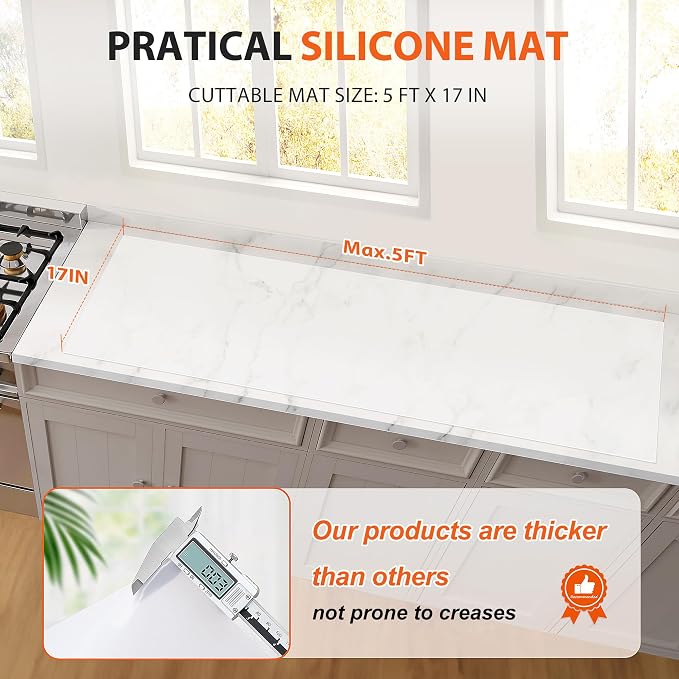 Silicone Mat Roll, Heat Resistant Kitchen Countertop Protector | 17IN X 5FT, White | Non-Slip Table Mat Desk Saver Pad, Multi-functional Cuttable Silicone Mats, Craft Mat