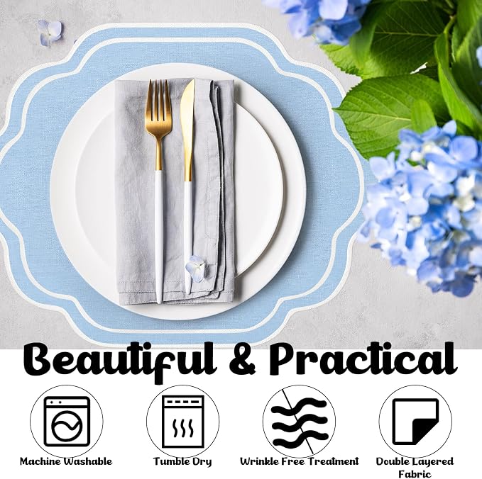 6-Piece Scalloped Embroidered Placemats - 17" x 13" Double-Layered Cotton Table Mats for Wedding, Party & Holiday Decor (Light Blue)