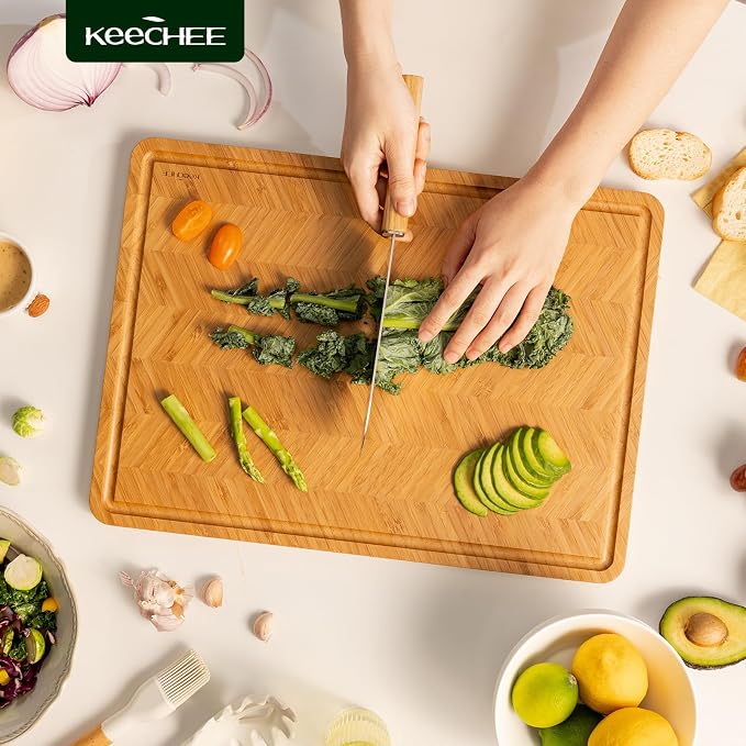 Keechee Atelier Collection Bamboo Cutting Board, Reversible Wood Chopping Boards for Kitchen with Juice Grooves, Handcrafted Large Serving Tray, Luxury Housewarming Wedding Gifts for New Home
