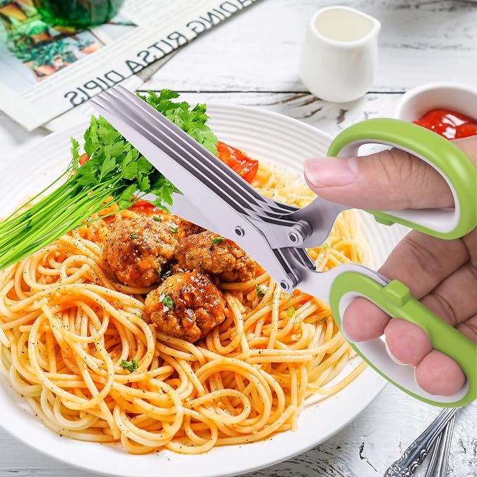 Herb Scissors, Kitchen Shears with 5 Blades and Cover, Multipurpose Cutting, Dishwasher Safe, Used for cutting herbs and paper, Green