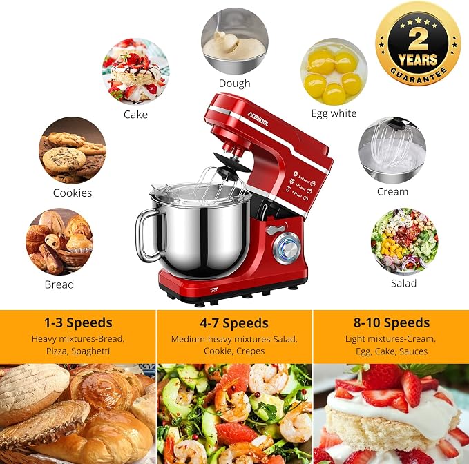 Garvee 7.5 QT Stand Food Mixer, 10-Speed Tilt Head 3 in-1 Kitchen Electric Mixer with Stainless Steel Bowl, Egg Whisk, Dough Hook, Beater, Splash Guard, Compact Dough Mixer for Home Cooks, Red