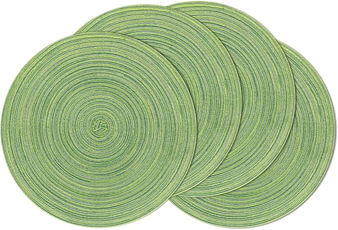 SHACOS Round Placemats Set of 4 Round Table Placemats Braided Cotton Place Mats 15 inch for Kitchen Dining Table Holiday Party (Mixed Color Pea Green, 4)