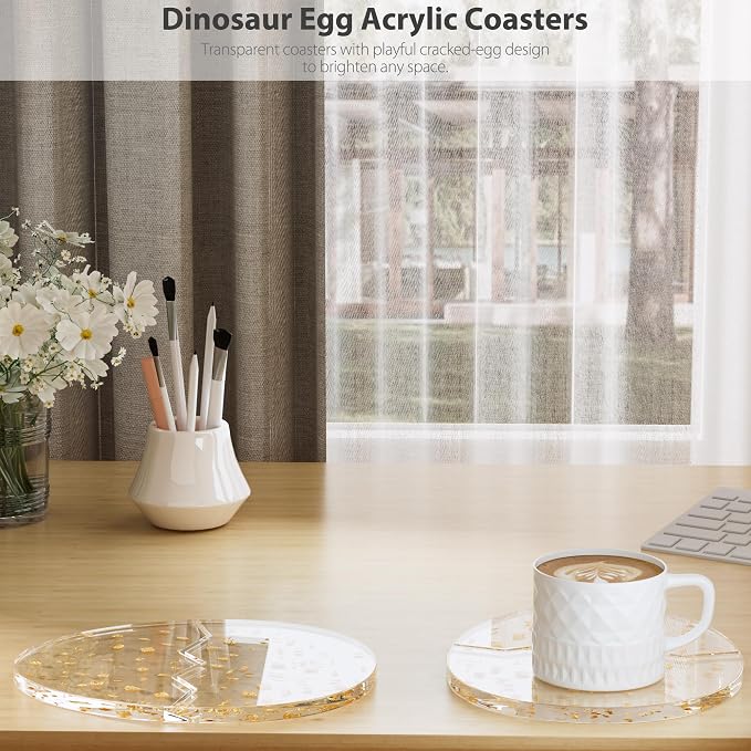 Acrylic Coaster Decorative Plates,2Pcs/Set Office Desk Accessories, Clear Dinosaur Egg Shape Coffee Cup Decor, Perfect for Tabletop Protection and Display.（Gold）