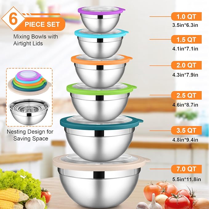 LIANYU Mixing Bowls with Visible Lid Sets, Size 7, 3.5, 2.5, 2, 1.5, 1QT | Large Stainless Steel Cooking Bowls, Nesting Metal Serving Bowl for Kitchen, Baking, Storage, Food Prepping, Multi-Color