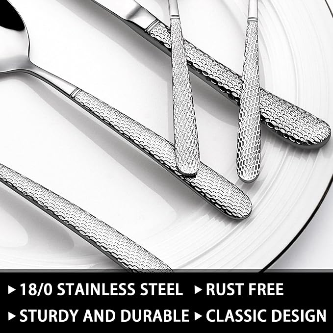 49-Piece Hammered Silverware Set with Organizer, Food-Grade Stainless Steel Flatware for 8, Cutlery Utensil Sets with Steak Knives, Rust-proof, Mirror Polished, Dishwasher Safe, Round Hammered