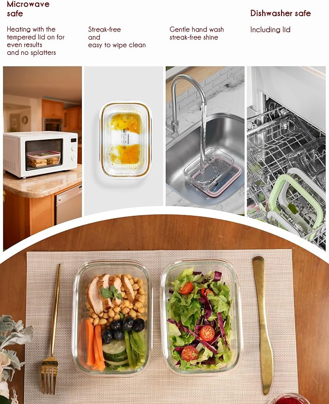Airtight Glass Food Storage Containers with Tempered Glass Lids, 4.6 Cup (37.2oz) for Meal Prep, Oven & Microwave Safe, Leak Proof, Stackable, Non-Slip Grip, 4 Container Set
