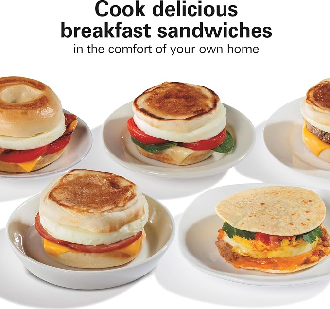 Hamilton Beach Dual Breakfast Sandwich Maker with Egg Cooker Rings & Timer | Perfect for English Muffins, Croissants, Mini Waffles | Customizable & Fast |PFAS-Free | Silver | 25490MNA