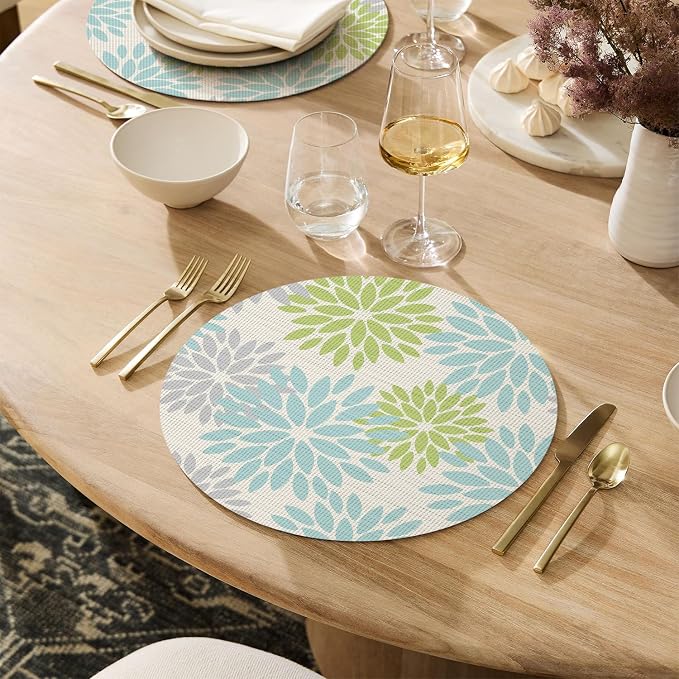 Artoid Mode Sage Dahlia Plastic Round Placemats Set of 4, 14 Inch Seasonal Washable Woven Vinyl Table Mats for Farmhouse Party Kitchen Dining Decor
