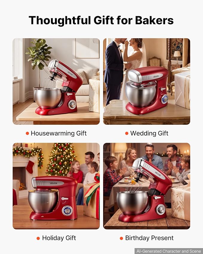 VEVOR 7.4 Qt Tilt Head Stand Mixer 500W Electric Dough Mixer, 6 Speeds with Pulse Food Kitchen Mixer with Stainless Steel Bowl, Splash Guard, Dough Hook, Whisk, Beater, for Baking Mixing