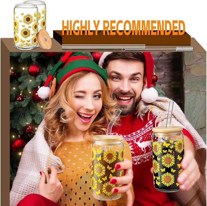 DWTS DANWEITESI Glass Cups with Lids and Straws with Design Sunflower 4 pcs,Clear Glass Cups 16 oz-Drinking Glasses Set,Glass Tumbler,Cute Design Glass Iced Coffee Cups with Lids and Straws 480ml