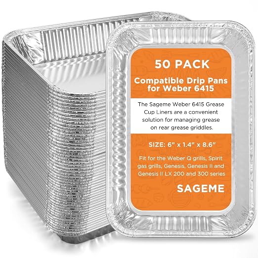 50 Pack Weber Grills Compatible Drip Pans 6415 for Weber Grills Spirit Gas Grills, Q Grills, Genesis and Genesis II LX 200 300 Series Disposable Aluminum Foil Grease Trays 6 x 1.4 x 8.6 Inches