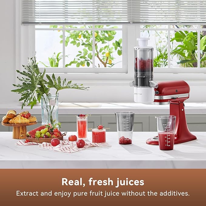 Masticating Juicer Attachment for KitchenAid Stand Mixer, 4.2" Large Feed Chute Fit Whole Vegetables & Fruits, Slow Cold Press Juicing, Includes 2 * 28oz capacity cups
