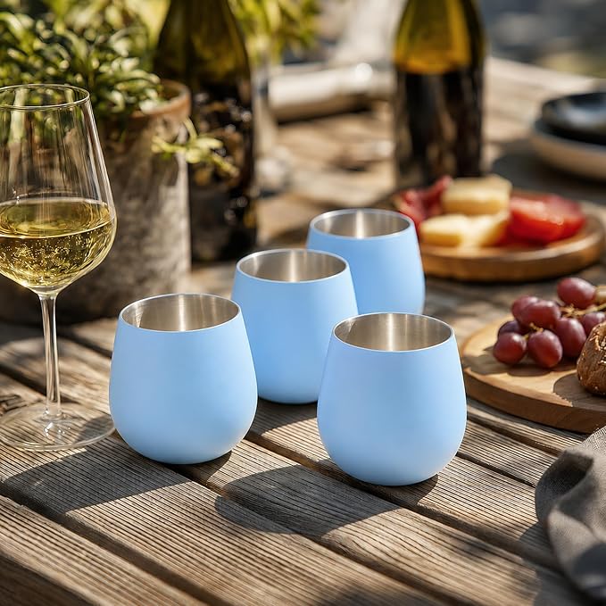 K&K Home Stainless Steel Unbreakable Stemless Wine Glasses - 15 oz - Set of 4 Colored, Stemless Metal Wine Glasses Perfect for Outdoors, Weddings, and Parties (Matte Blue)
