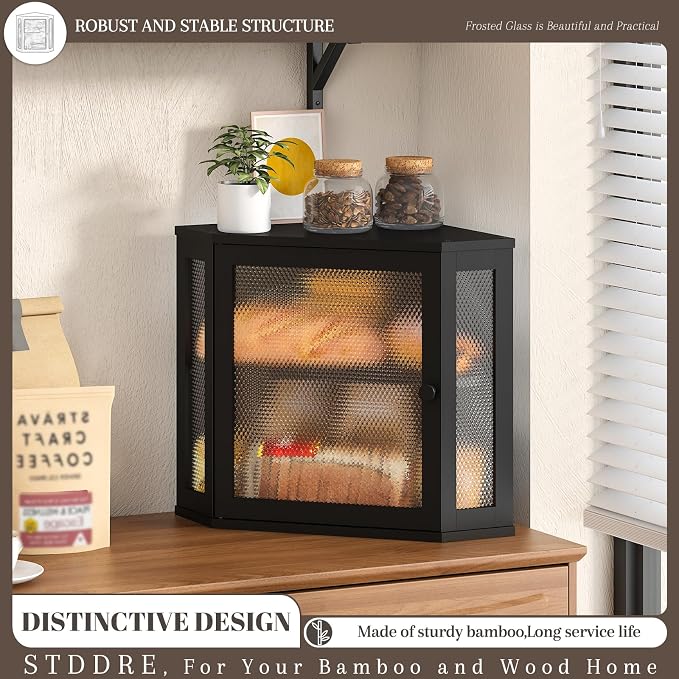 STDDRE Corner Bread Box Kitchen Countertop Extra Large Capacity Farmhouse Bread Box, Corner Countertop Storage, Double Layer Bread Holder (Black, Large)