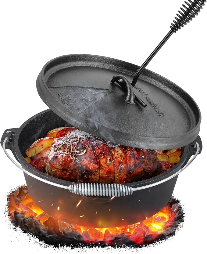 LIFERUN 6.2 Quart Cast Iron Dutch Oven Pot with Lid | Dutch Oven with Stand & Spiral-shaped Handle, Cast Iron Pot without Feet for Outdoor & Indoor